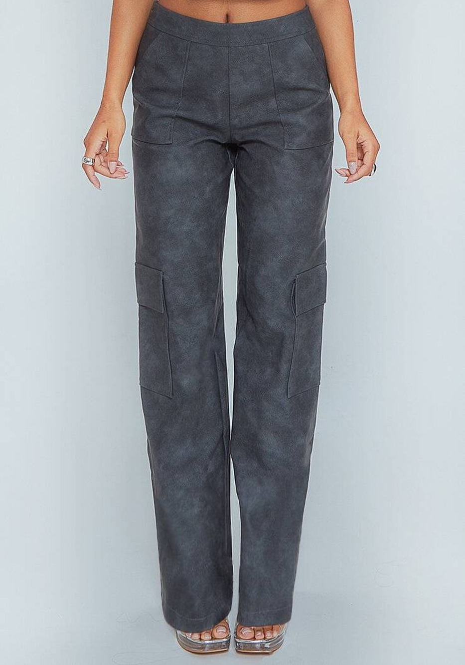 Prettylittlething Pants Women's 6 Washed Faux Leather Extreme Wide Leg Trousers